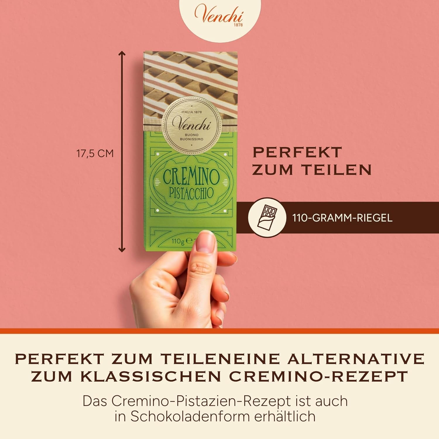 Venchi - Cremino Pistachio Bar, 110g, barra de chocolate blanco y con leche con pasta de pistacho, receta de tres capas con sabores mediterráneos, sin gluten, sin colorantes artificiales