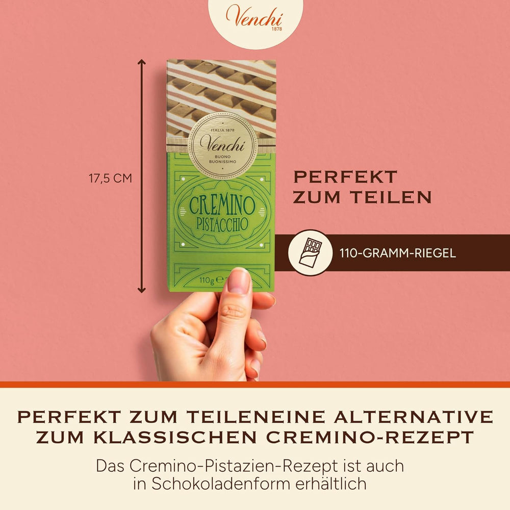 Venchi - Cremino Pistachio Bar, 110g, barra de chocolate blanco y con leche con pasta de pistacho, receta de tres capas con sabores mediterráneos, sin gluten, sin colorantes artificiales