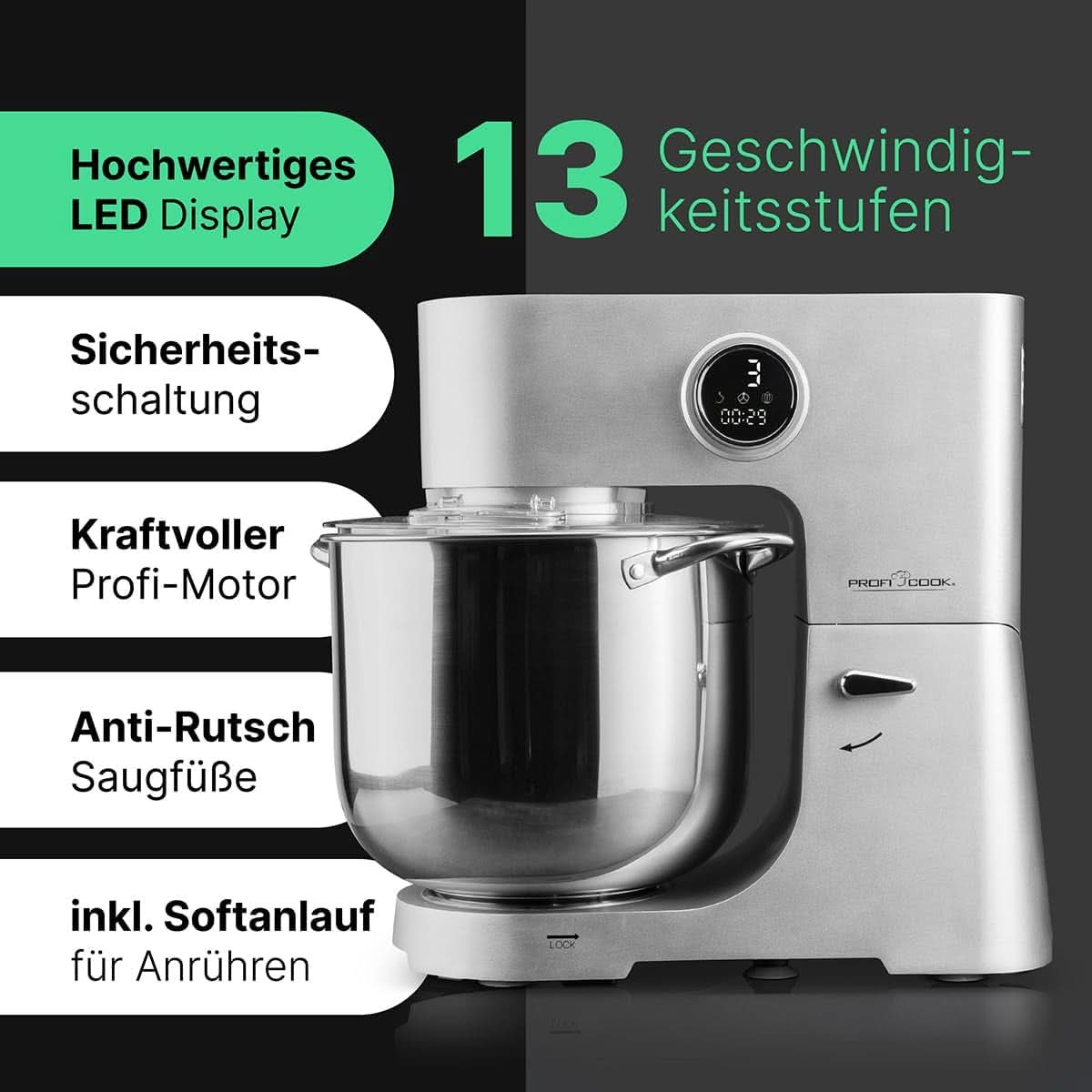 Proficook® Küchenmaschine Mit XXL 12L Schüssel | Knetmaschine con motor profesional de larga duración de 2500 W | Metallgetriebe y pantalla LED | Procesador de alimentos para bis zu 8,5 kg de masa | 13 velocidades | PC KM 1254 Tienda Naty Madre e Hijo