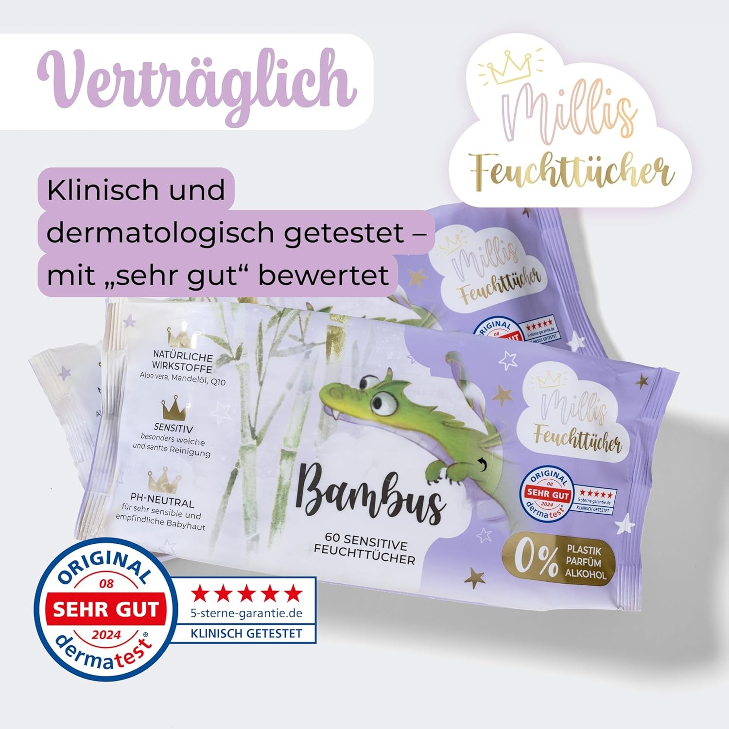 Millis Bamboo Baby Toallitas húmedas sensibles para la delicada piel del bebé - 5 x 60 piezas - Limpieza natural, suave y sostenible - Toallitas húmedas biodegradables, sin plástico y sin alcohol