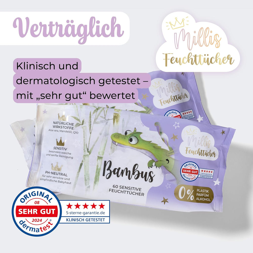 Millis Bamboo Baby Toallitas húmedas sensibles para la delicada piel del bebé - 5 x 60 piezas - Limpieza natural, suave y sostenible - Toallitas húmedas biodegradables, sin plástico y sin alcohol