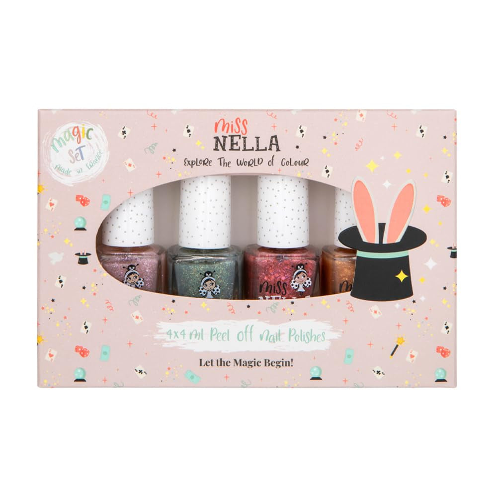 Miss Nella Magic Collection Juego de 4 esmaltes de uñas con purpurina: rosa, rojo, dorado y azul, esmalte de uñas extraíble especial para niños, no tóxico, a base de agua, inodoro