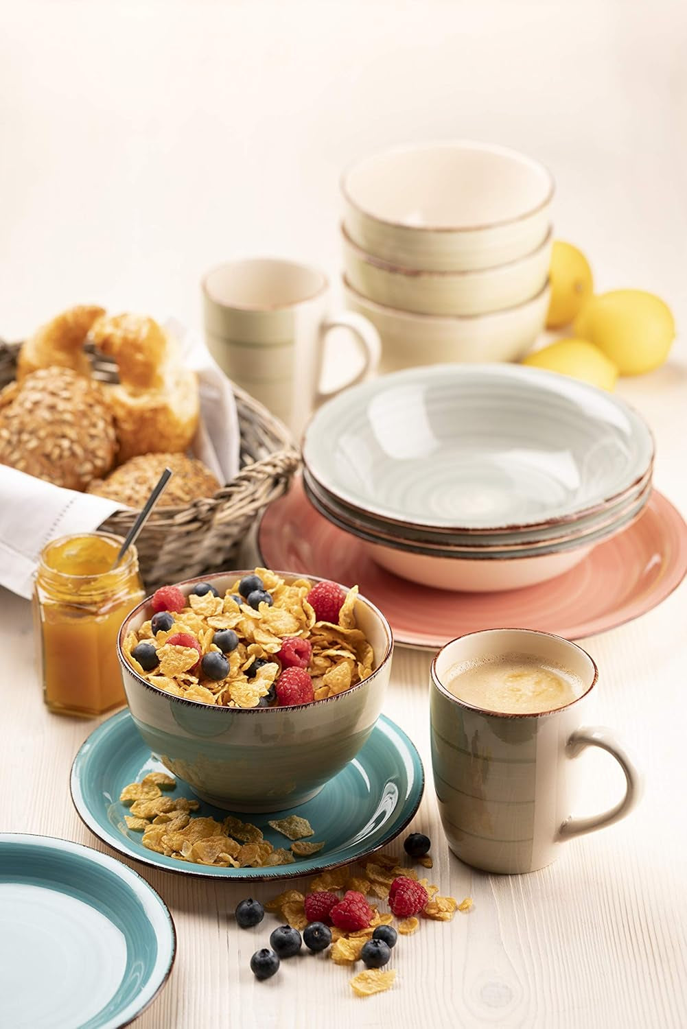 MÄSER 931495 Bel Tempo II, Set de veselă pentru 6 persoane cu aspect vintage modern, Serviciu de masă cu 12 piese, Pictat manual, Roz, Gresie