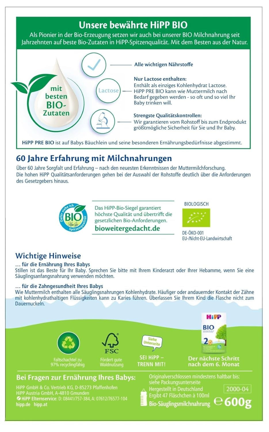 HiPP PRE leche infantil ecológica (4 x 600g), desde el nacimiento, contiene únicamente lactosa como carbohidrato, de la mejor calidad ecológica