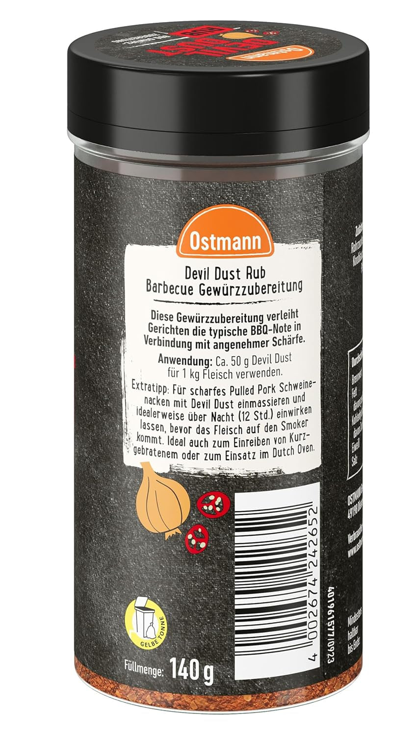 Ostmann Gewürze - Polvo del diablo | Frote para barbacoa Gewürzzubereitung | Scharfe Trockenmarinade für Grillfleisch | 140 g en un colador