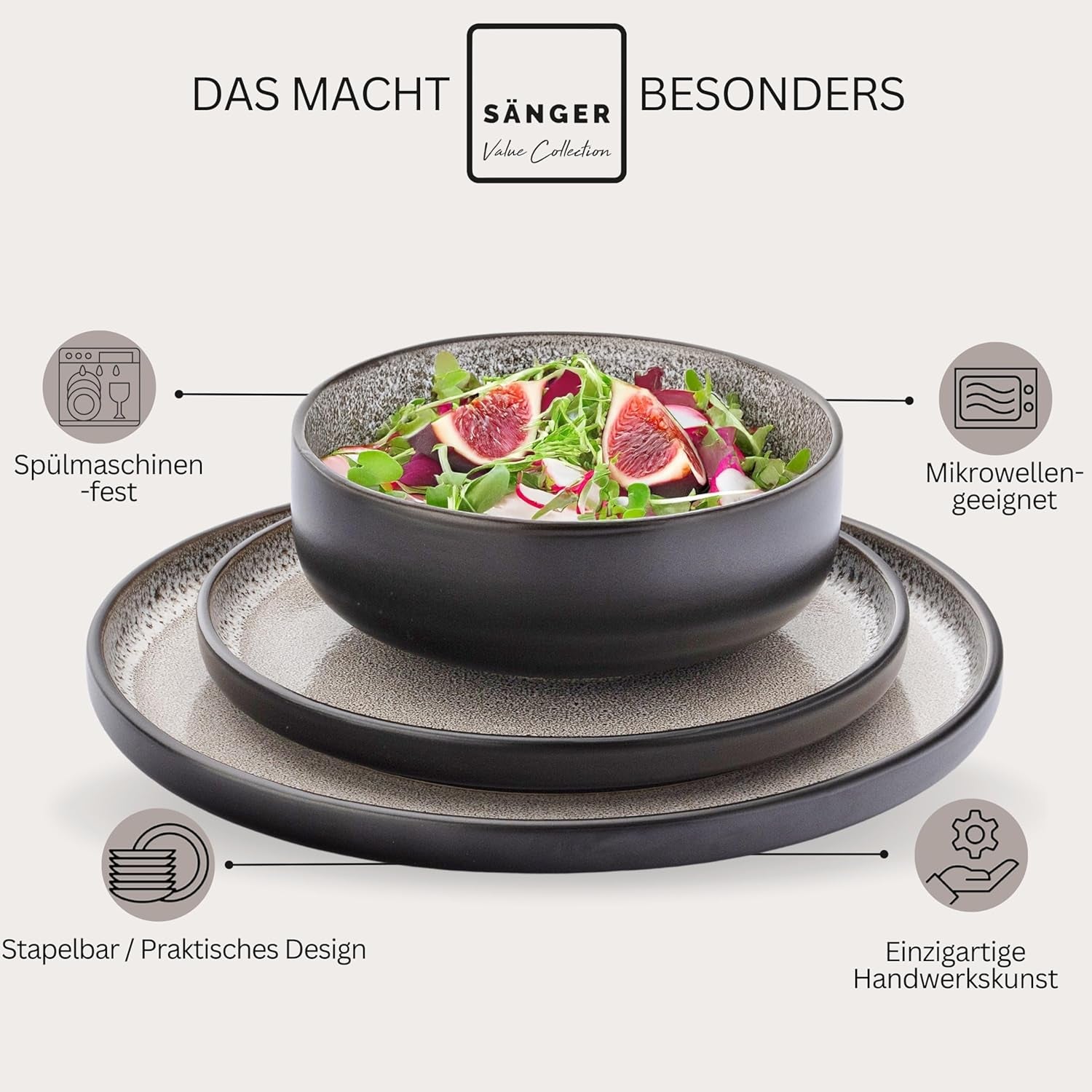 SÄNGER Luxor | Set de veselă din gresie, 18 piese, Set de farfurii pentru 6 persoane, Set de veselă (6 farfurii de cină, 6 boluri pentru cereale, 6 farfurii pentru desert), Veselă maro-bej rezistentă la zgârieturi | COLECȚIA VALUE