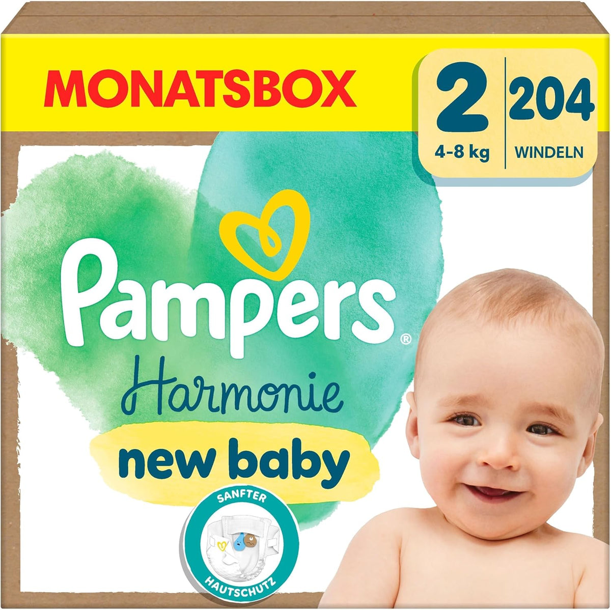 Pañales Pampers Harmony talla 2, 204 pañales, 4kg-8kg, protección suave para la piel con protección 100% Pampers