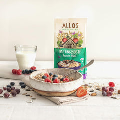 Allos muesli proteico sin azúcar | Muesli orgánico | Avena | Cereales para el desayuno | Vegano (5 x 450 g), 1 pieza (paquete de 5)