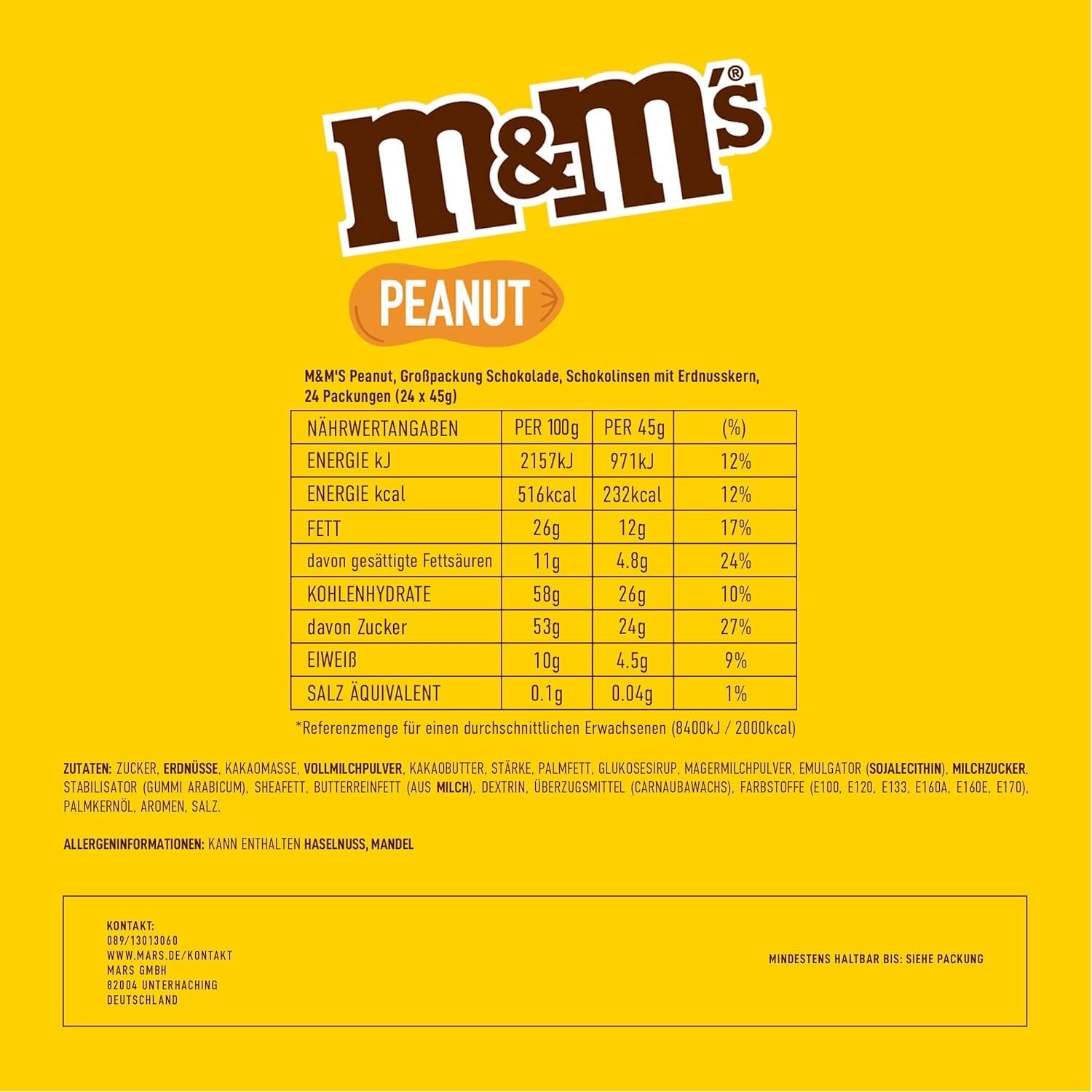 Paquete a granel de chocolate con maní de M&M, 24 x 45 g, lentejas con sabor a maní y chocolate, regalo de chocolate (1080 g), ideal como regalo con temática de fútbol