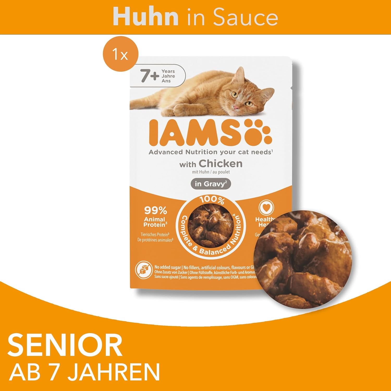 IAMS Delights Hrană umedă pentru pisici cu pui în sos pentru pisici senior de 7 ani și peste - Dimensiune de probă, Plic individual, 1 x 85g