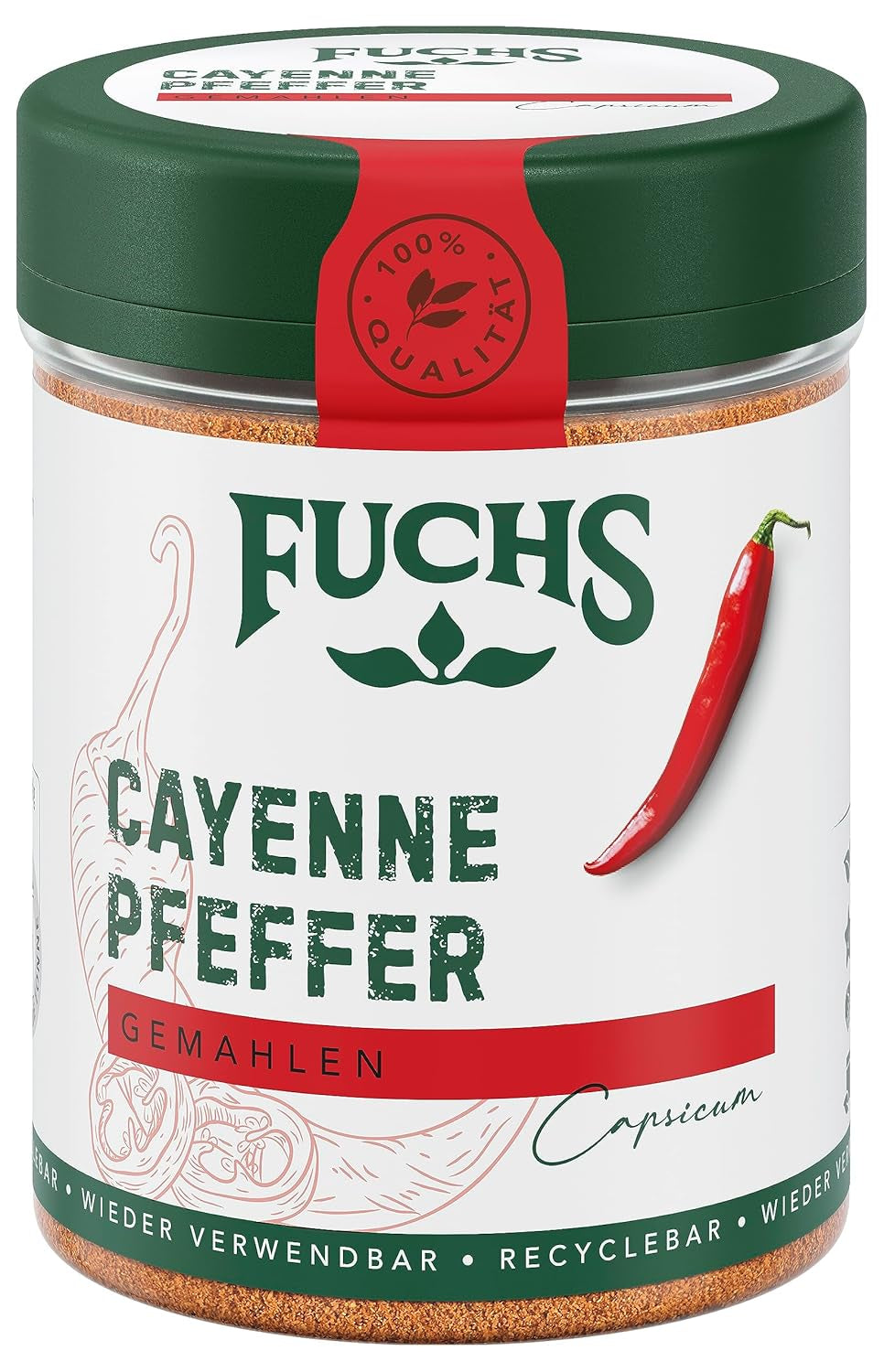Fuchs Gewürze - Gemahlen de pimienta de cayena - para einen scharfen Geschmack en todo tipo de platos - ingredientes naturales - 60 g en wiederverwendbarer, recyclebarer Dosis