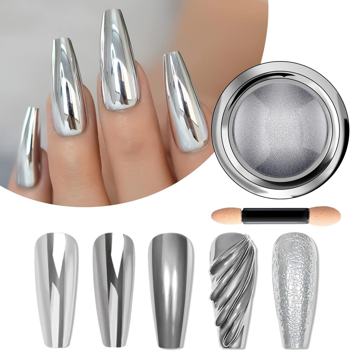 BISHENGYF Silver Chrome Nail Powder – Metal Holo Chromfarbener Nagelpuder, 1G Cromepulver Nägel Glitzer Glänzende Silver Nagelpulver Spiegeleffekt Pigment Nagelkunst, Diy-Design-Dekor Frauen Geschenk