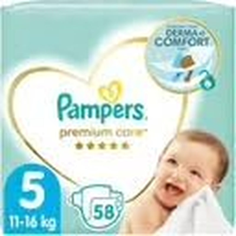 Pañales Pampers talla 5 (11-16 kg), pañales de cuidado premium, 58 piezas, comodidad y protección óptimas para pieles sensibles de Pampers
