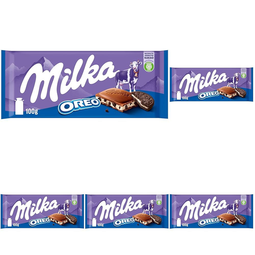 Milka Oreo – Chocolate con leche alpino relleno de crujientes trozos de galletas Oreo y suave crema de vainilla – 100g