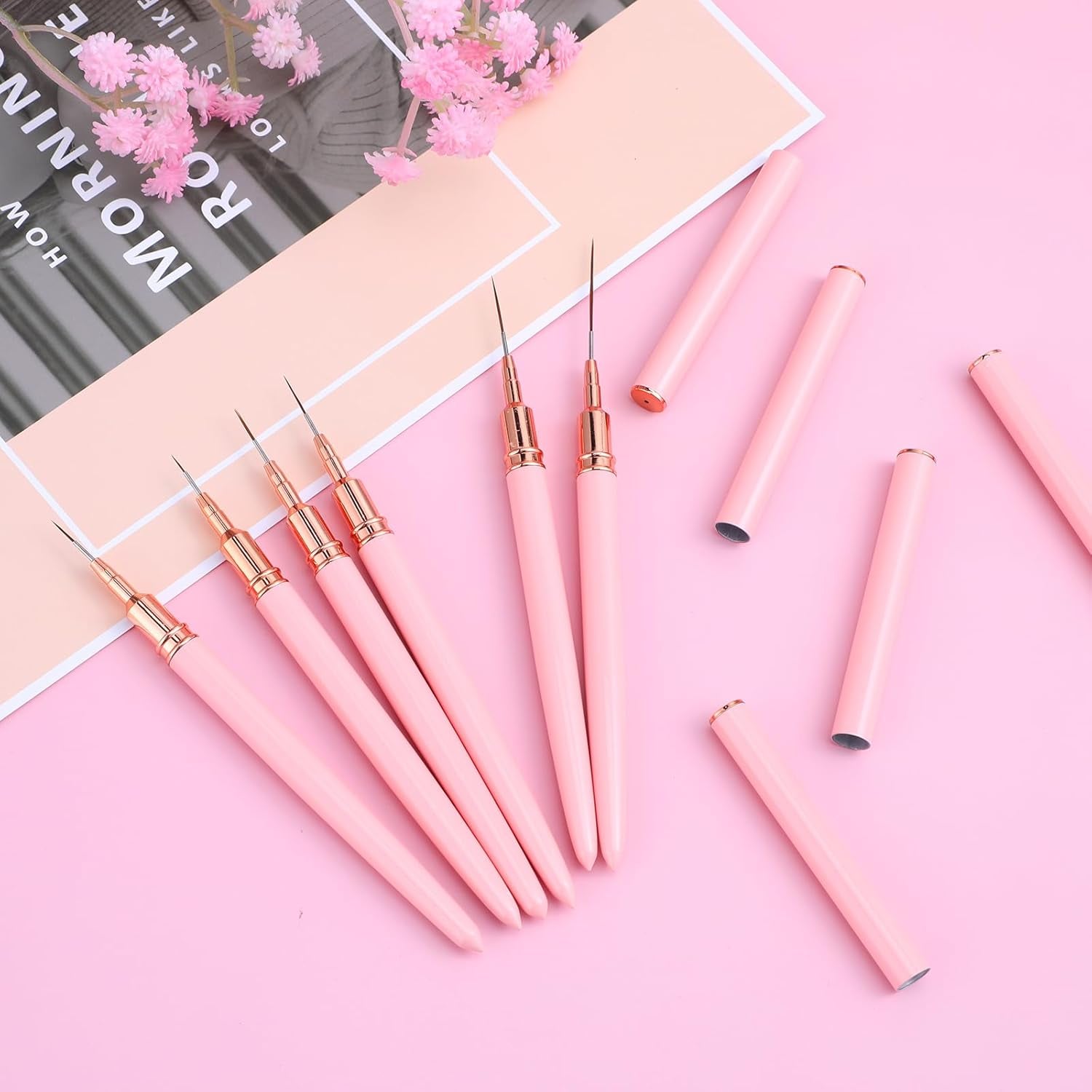 6 Stück Liner Nailart Pinsel Nageldesign Pinsel Set Dünn Acryl Nagelpunkt-Zeichenwerkzeug Nägel Dünne Nagelpinsel Set Für Lange Linien, Dünne Details, Feines Zeichnen 5/7/9/11/15/25 Mm（Rosa）