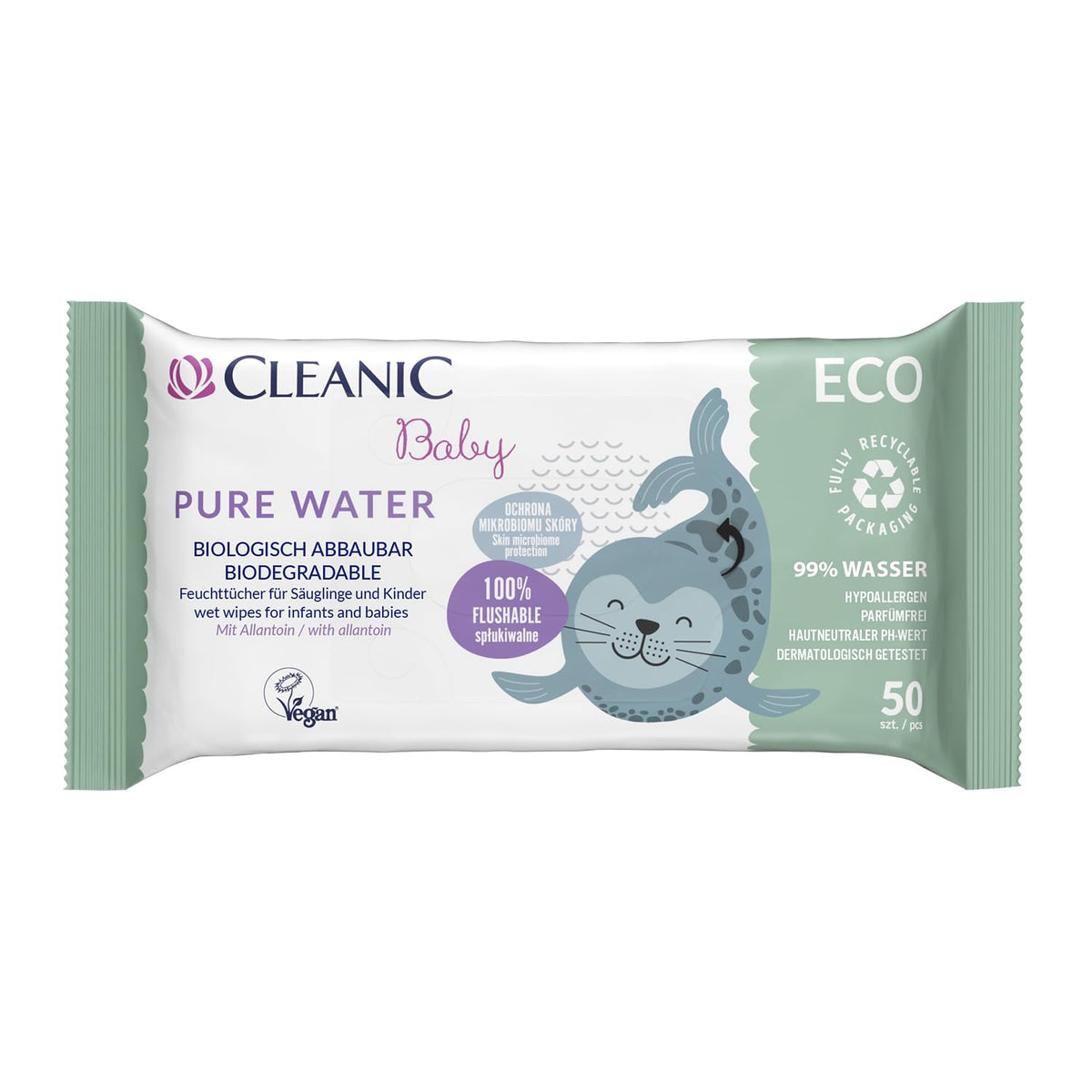 Toallitas húmedas Cleanic Baby Eco Pure Water - (1 x 50 uds.) Toallitas húmedas para niños y bebés - Piel sensible, sin fragancia, que se puede desechar - 50 uds.