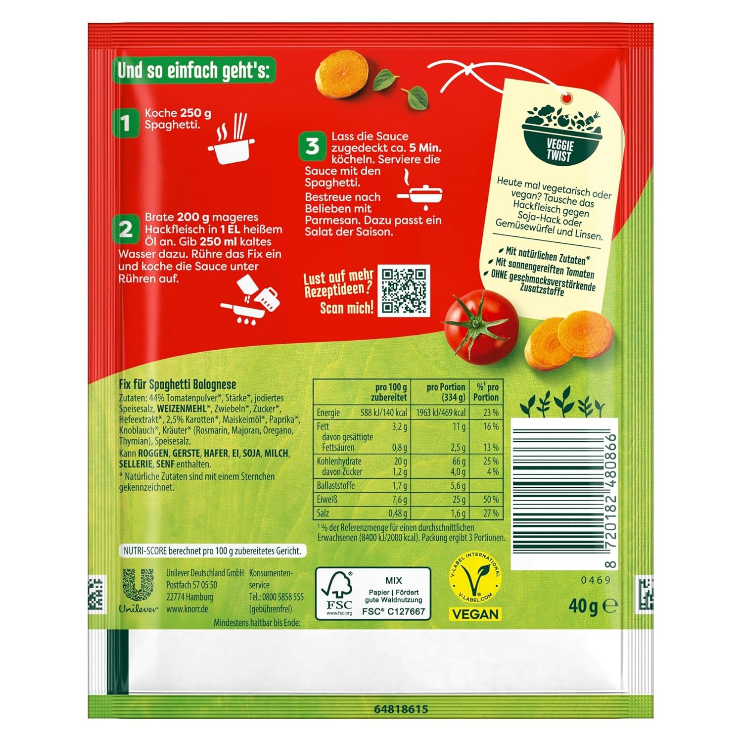 Knorr Fix Würzmischung Spaghetti Boloñesa para un delicioso plato de fideos con ingredientes naturales 40 g