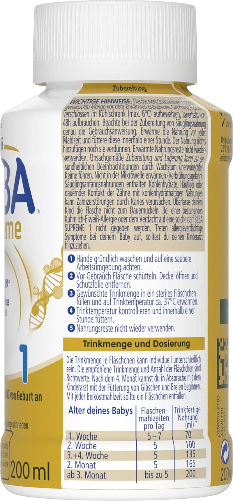 BEBA Nestlé BEBA SUPREME 1 Fórmula infantil: Biberones listos para beber con Omega 3, 1 paquete (1 x 200 ml)