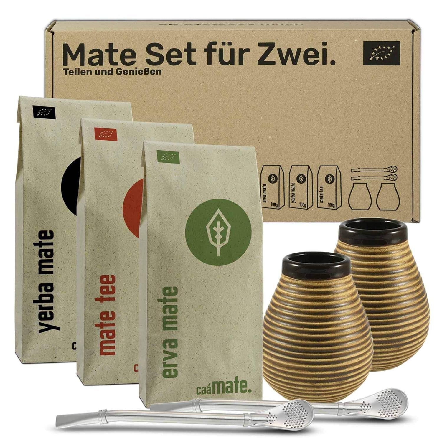 Set de ceai Mate pentru două persoane, organic ● 2 căni Mate + 2 bombillas + 300 g ceai Mate + instrucțiuni de preparare