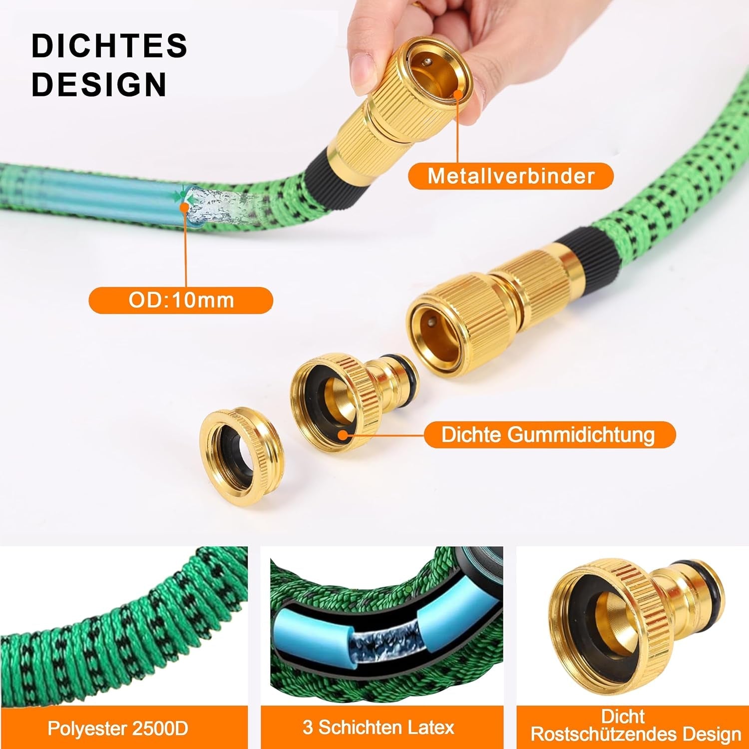 Furtun de grădină extensibil de 45 m, furtun de apă flexibil și retractabil automat, 10 modele de pulverizare, TPE 2500D, conectori metalici, pentru grădini foarte mari, agricultură, curățenie