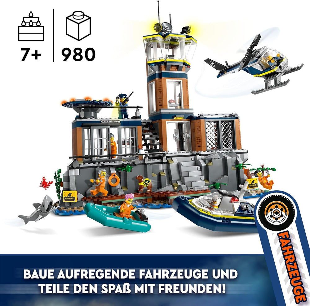 LEGO City Comisaría de Policía de Prison Island Helicóptero Barco Tiburón Policía Juego de juguetes 7 minifiguras y perro Regalo de cumpleaños para niños y niñas de 7 años 60419 Juegos de construcción Besuche den LEGO-Store