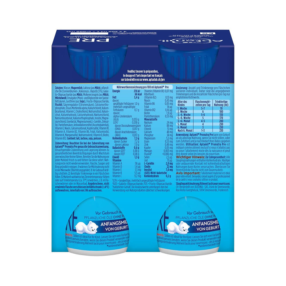 Aptamil Pronutra Pre - Fórmula infantil desde el nacimiento - Con aceites vegetales, sin aceite de palma - 6 x 4 x 200 ml (4800 ml)