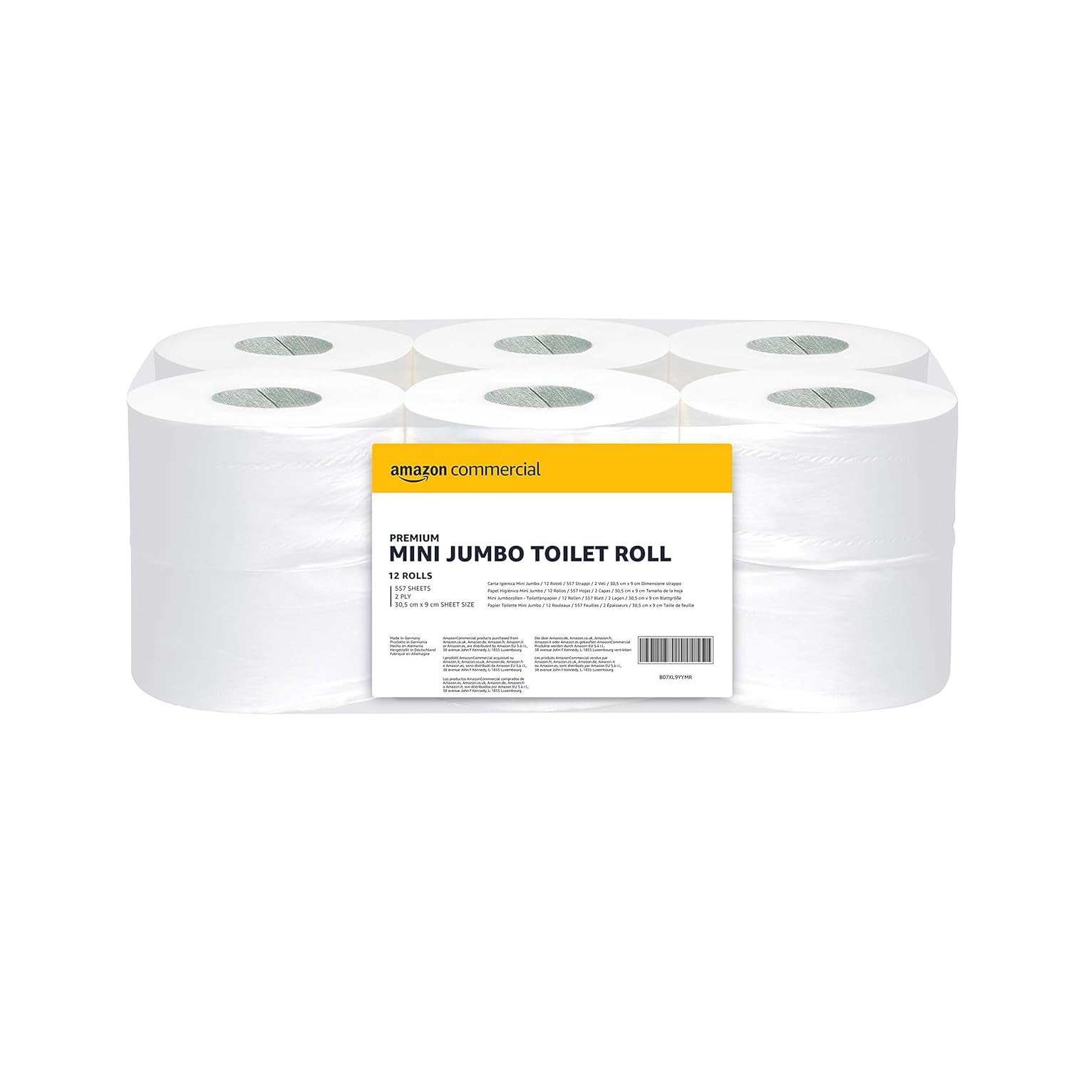 Hârtie igienică Amazoncommercial Mini Jumbo, neparfumată, 2 straturi, 6684 bucăți, 1 pachet de 12 role, 557 de foi per rolă, dimensiunea foii: 30,5 X 9 cm, albă, compatibilă cu dispenserele T2