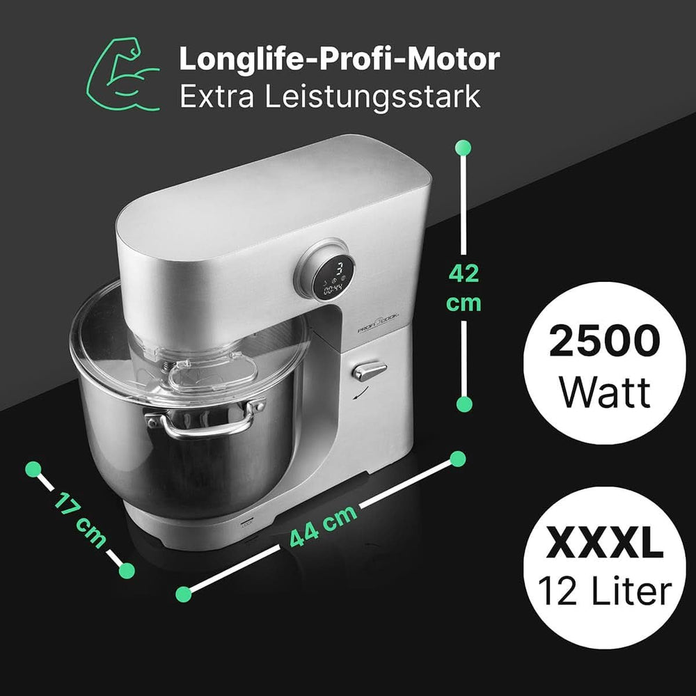 Proficook® Küchenmaschine Mit XXL 12L Schüssel | Knetmaschine con motor profesional de larga duración de 2500 W | Metallgetriebe y pantalla LED | Procesador de alimentos para bis zu 8,5 kg de masa | 13 velocidades | PC KM 1254 Tienda Naty Madre e Hijo