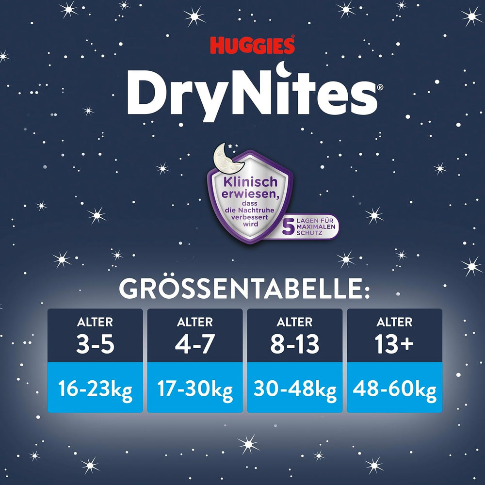 Huggies DryNites Pañales nocturnos para mojar la cama para niñas de 13 a aproximadamente 17 años (48-60 kg) 33 unidades (3 x 11) Paquete mensual gigante Calzoncillos de pañales XL