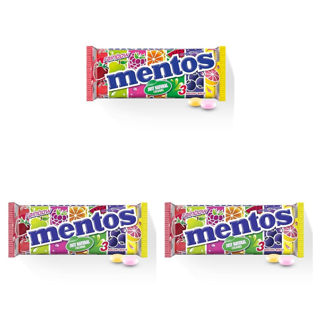 Mentos Fruit Dragees Naranja Limón Fresa Dulces masticables con sabor a fruta (3 rollos), vegano (paquete de 3)