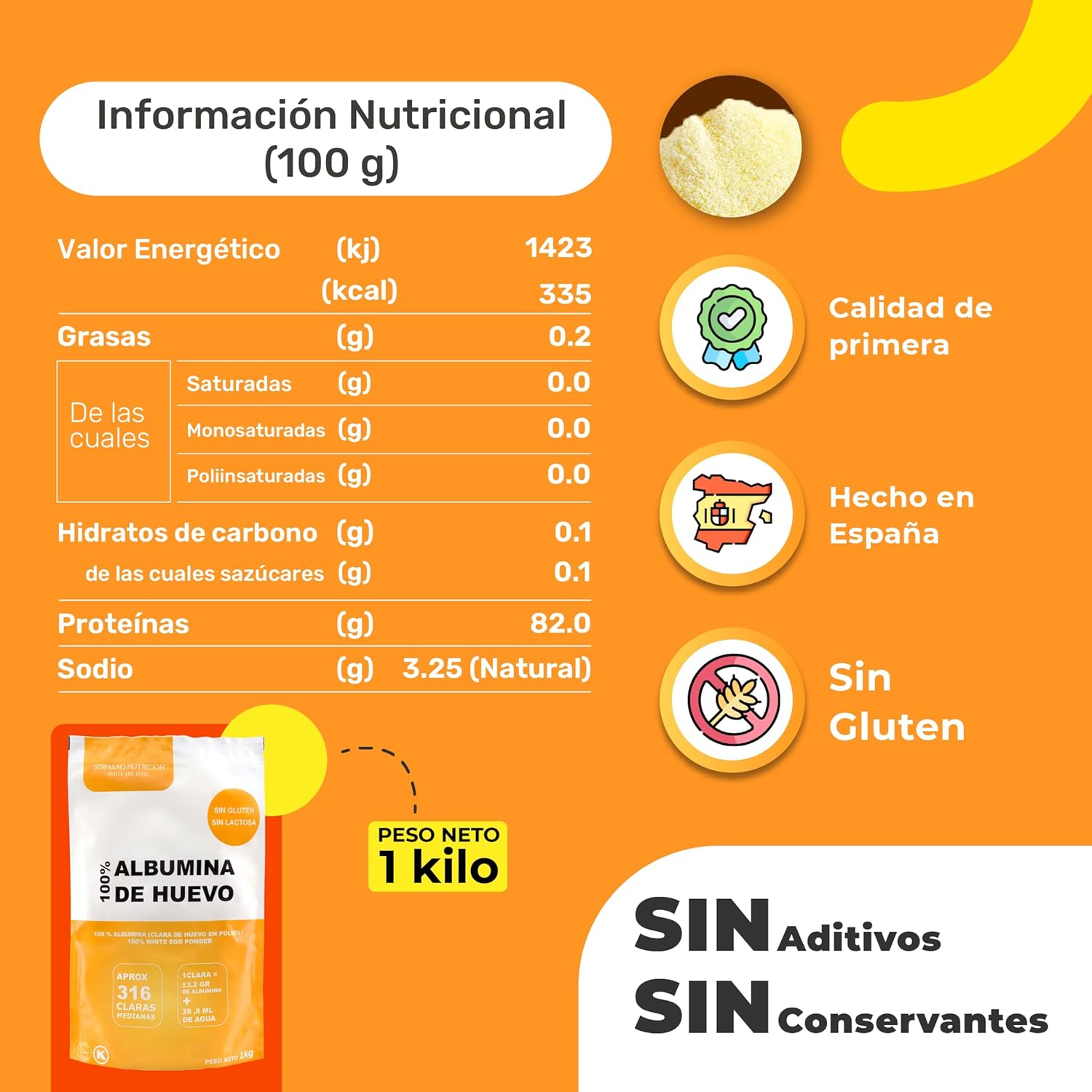 Sermand Nutrition Albúmina de Huevo 100% Polvo Sin Gluten Sin Lactosa