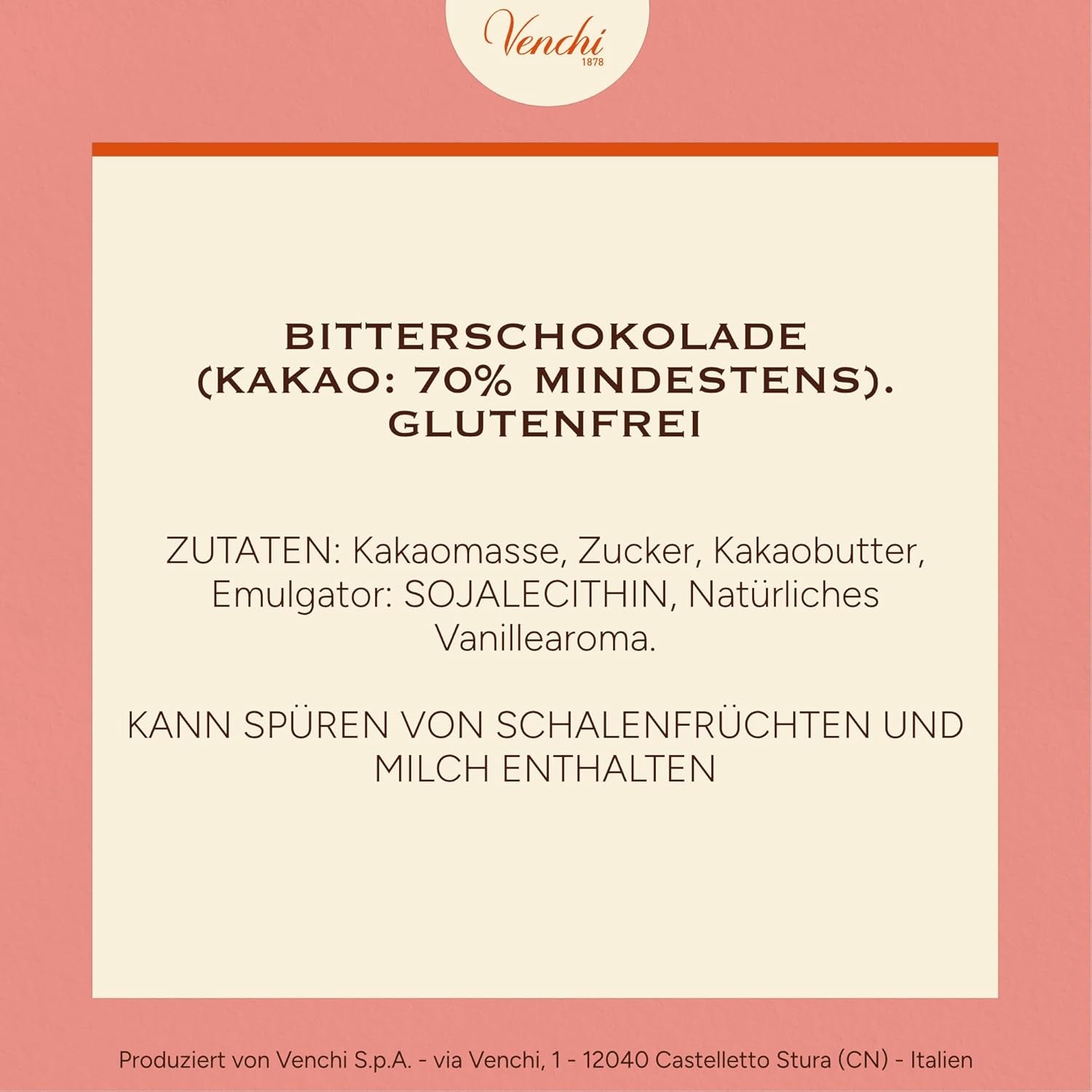 Venchi - Chocolate negro 70%, 78 g - Con mezclas de cacao seleccionadas - Sin gluten - Vegano
