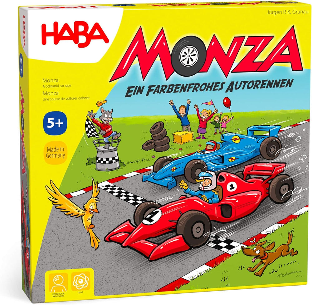 HABA Monza - Juego de mesa rápido y juego de carreras de coches para niños a partir de 5 años - Con 6 coches de madera de colores y dados de colores - 2012226001