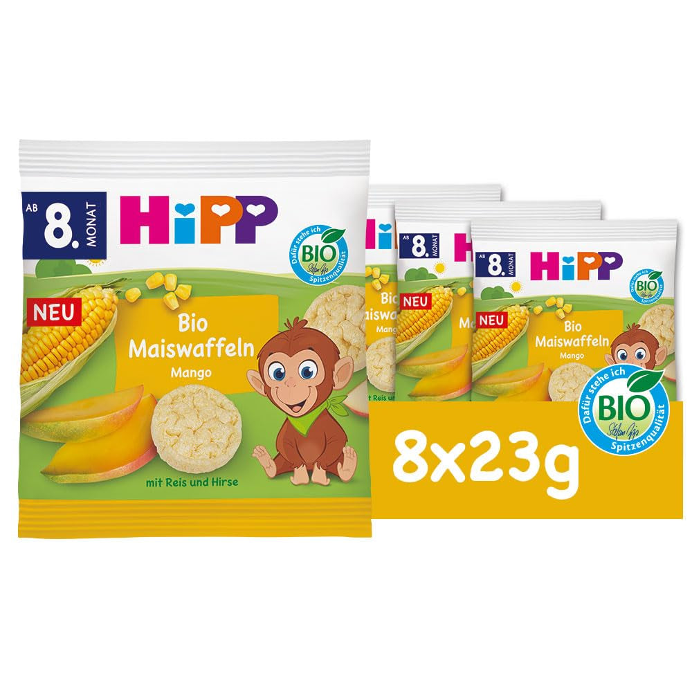 HiPP Organic Corn Waffles con Mango (8 x 23g), snack para bebés a partir de 8 meses, endulzado sólo con frutas y verduras, sin gluten, la mejor calidad ecológica