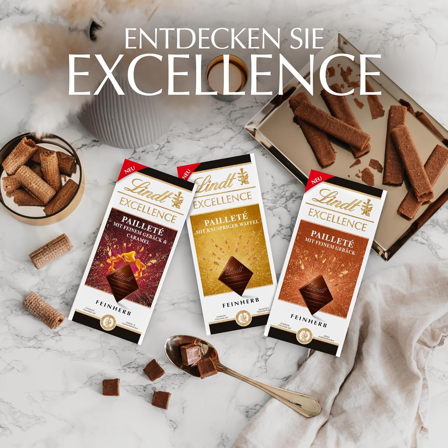 Lindt EXCELLENCE Trozos de masa con lentejuelas y caramelo - Chocolate negro fino con sabor intenso a cacao