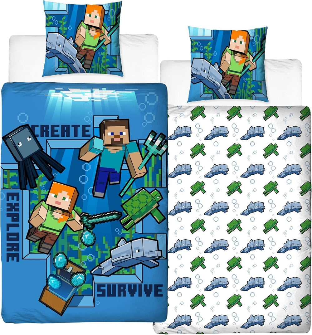 Minecraft Ropa De Cama Kinderbettwäsche Jugendbettwäsche 135X200 · Unterwasserwelt · Wende Motiv · Kissenbezug 80X80 + Bettbezug 135X200 Cm · 100% Baumwolle · Deutsche Größe Naty Shop