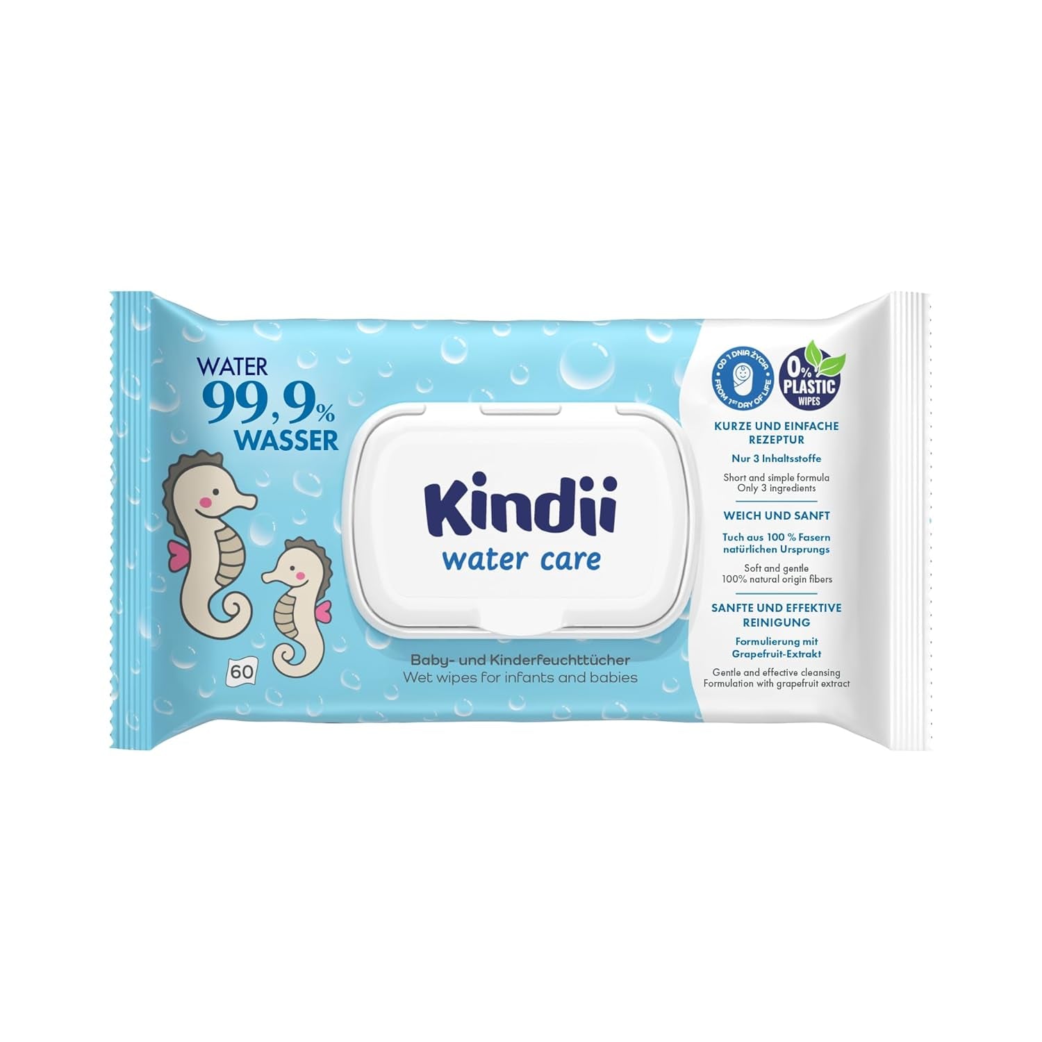 Toallitas húmedas Kindii Water Care - Toallitas Aqua Baby - 100% viscosa, 99,9% agua, extracto de pomelo, tamaño bufanda 150x200, 100% biodegradables, sin plástico, toallitas limpiadoras para pieles sensibles