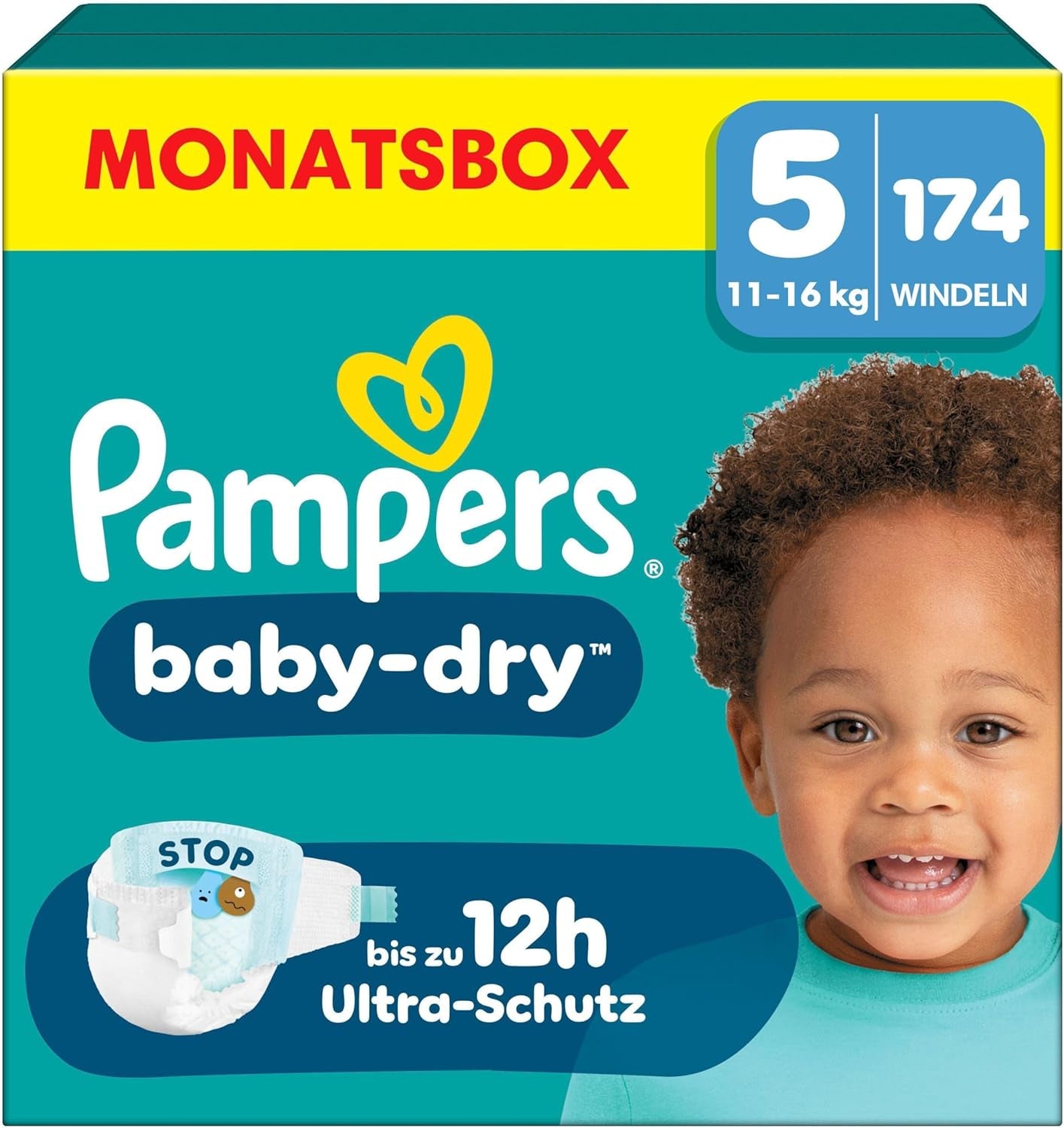 Pañales Pampers Baby-Dry talla 5, 174 pañales, 11 kg - 16 kg, hasta 100% de protección contra fugas y comodidad durante toda la noche