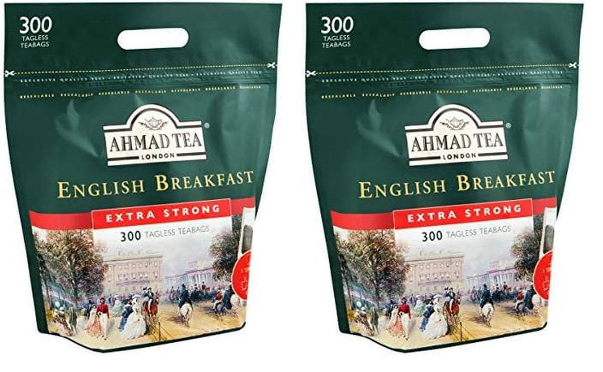 Ahmad Tea - English Breakfast - Ceai negru pentru micul dejun - Ceai Assam &amp; Ceylon - Pliculețe de ceai englezesc fără bandă, cu 2 g de ceai per porție - Pachet mare cu 300 de pliculețe de ceai (pachet cu 2)