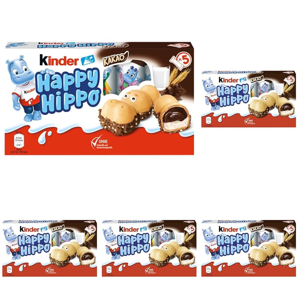 Kinder Happy Hippo Avellana - Obleas Crujientes Especiales con Leche y Crema de Avellanas - Dulces de Carnaval y Mardi Gras - 1 paquete que contiene 5 barritas individuales de 20,7g cada una