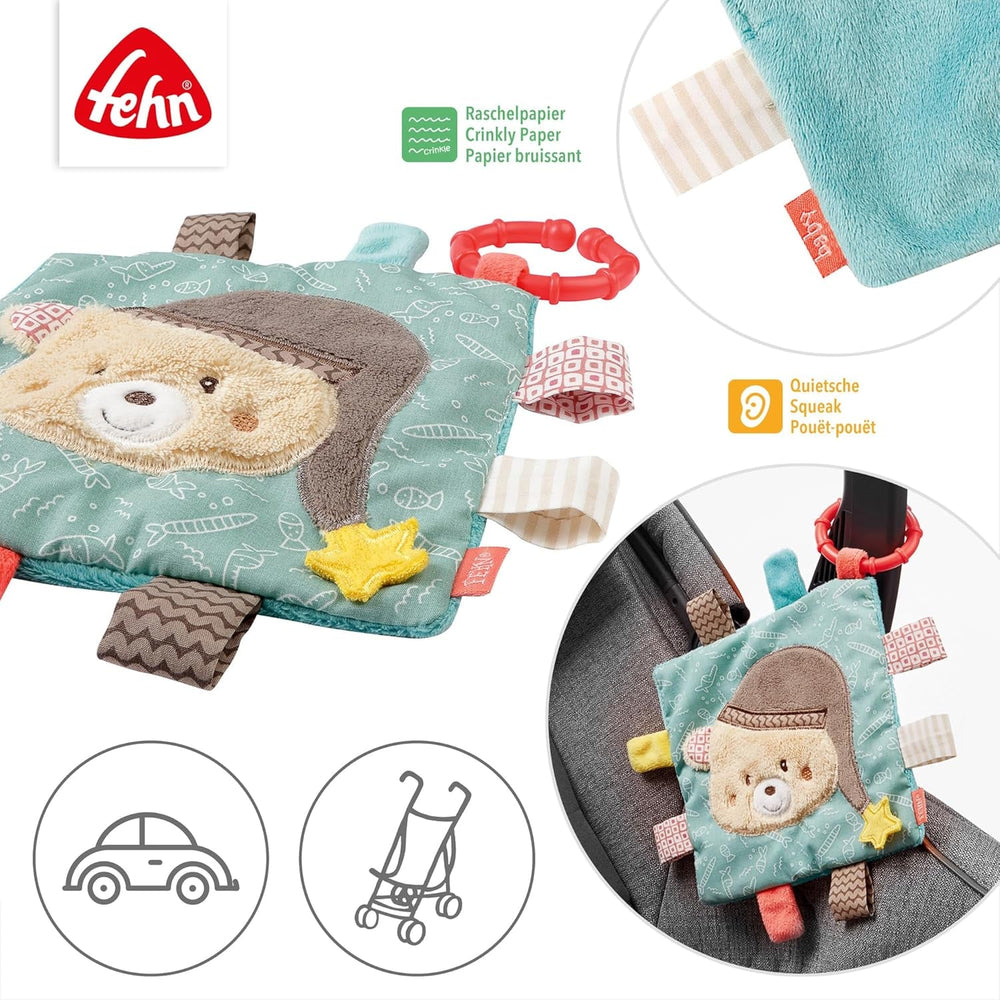 Fehn Bruno pânză de ruginit - jucărie cu scârțâitor și file de țesătură - jucărie de ruginit pentru animale de ruginit - jucărie pentru copii cu inel de fixare practic - pânză de ruginit pentru bebeluși și copii mici de la 0+ luni Jucarii Bebe Naty Shop