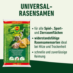 COMPO Schnell Keimende Universal Rasensamen 5Kg Für 250 M², Für Spiel- Und Sportrasen, Ideal Bei Hitze Und Trockenheit, Grün
