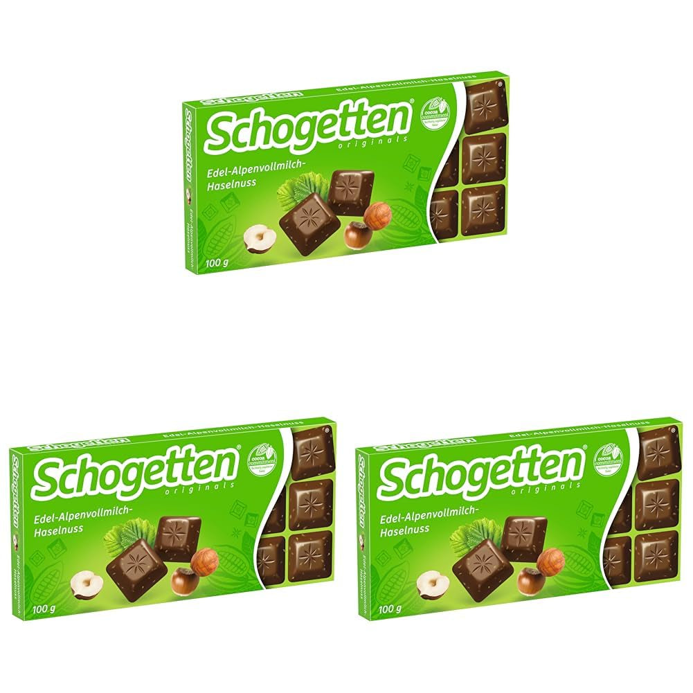 Chocolate con leche alpino Schogetten Premium con avellanas, barra de chocolate de 100 g, en porciones individuales. Una delicia. Pieza por pieza.