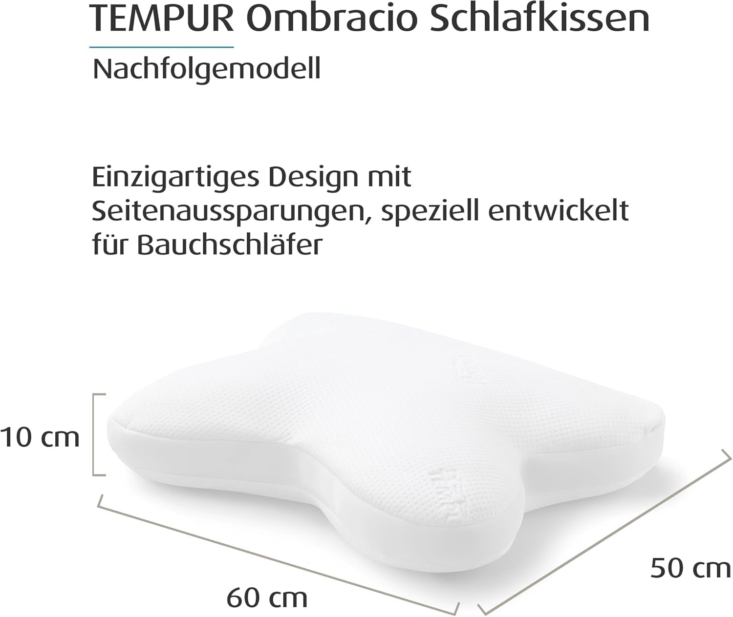 Pernă de dormit TEMPUR Ombracio, pernă ergonomică pentru dormit pe burtă în formă de fluture, fermitate medie, 60 x 50 x 10 cm, Alb