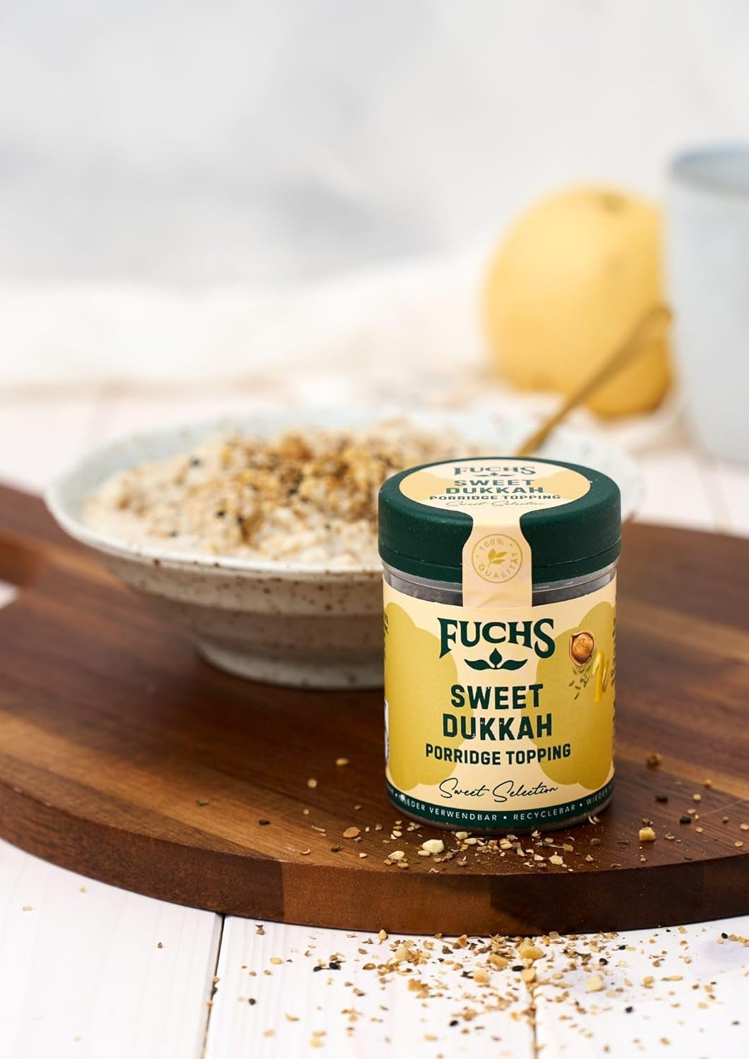 Fuchs Gewürze - Cobertura de gachas de avena "Sweet Dukkah" - Cobertura crujiente con Haselnuss, Sesam und Mandeln für Oat-Meals - aus natürliche Ingrediente - 60 g en wiederverwendbarer, recyclebarer Dosis