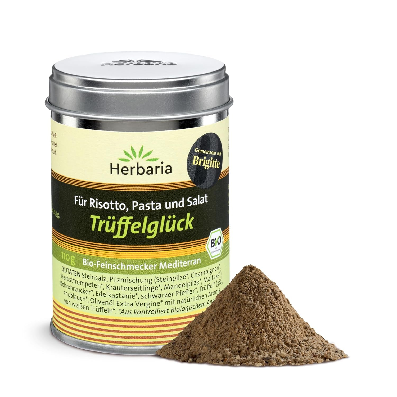 Herbaria Trüffelglück bio 110g M-Dose - Fertiges Bio-Pilz- & Trufflegewürz für intensiv-köstliche Gerichte - mit erlesenen Ingrediente - in nachhaltiger Aromaschutz-Dose