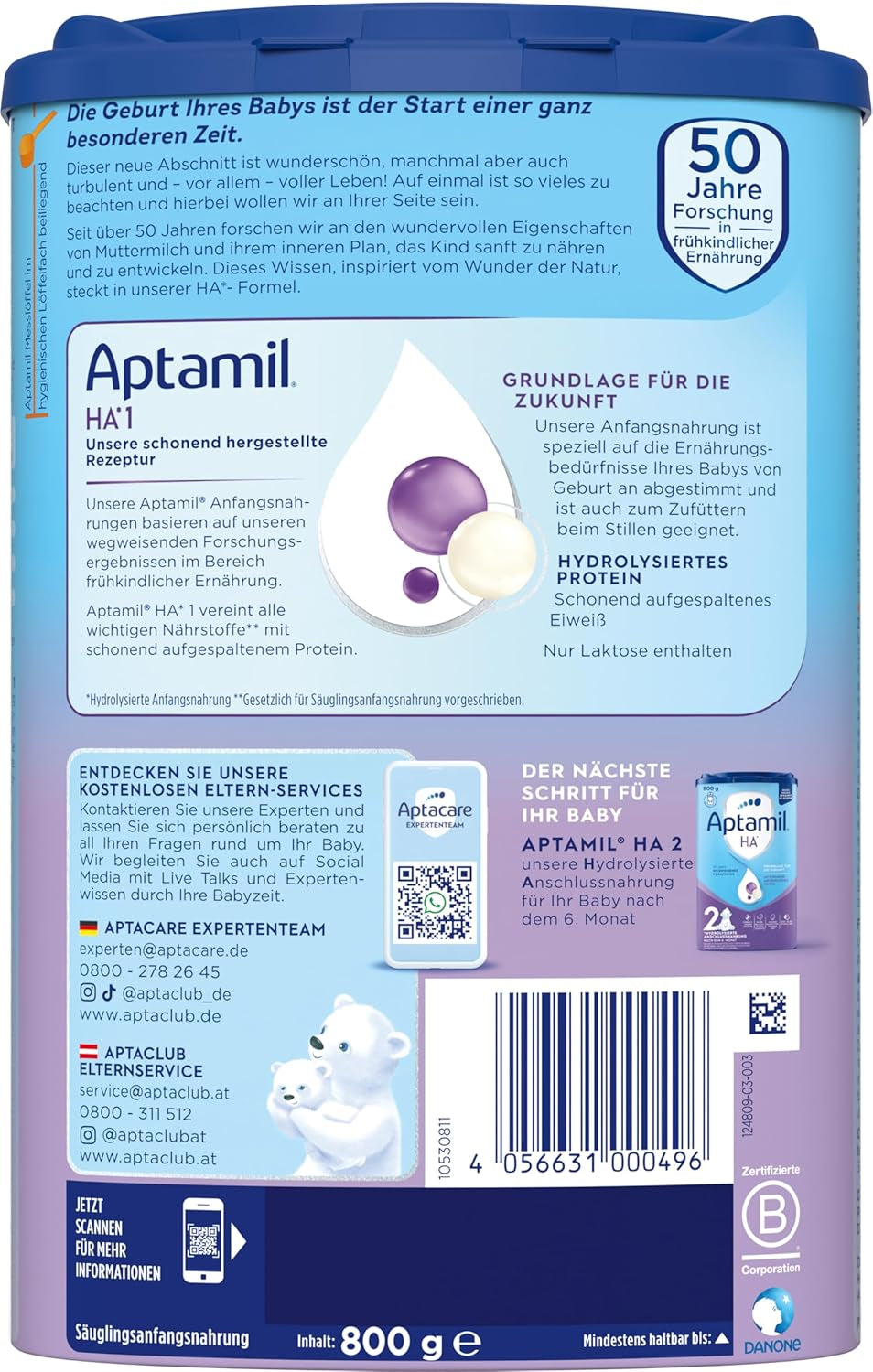 Aptamil HA 1 - Fórmula infantil desde el nacimiento, con DHA, sin lactosa, sin aceite de palma, papilla, leche en polvo, 1 x 800 g