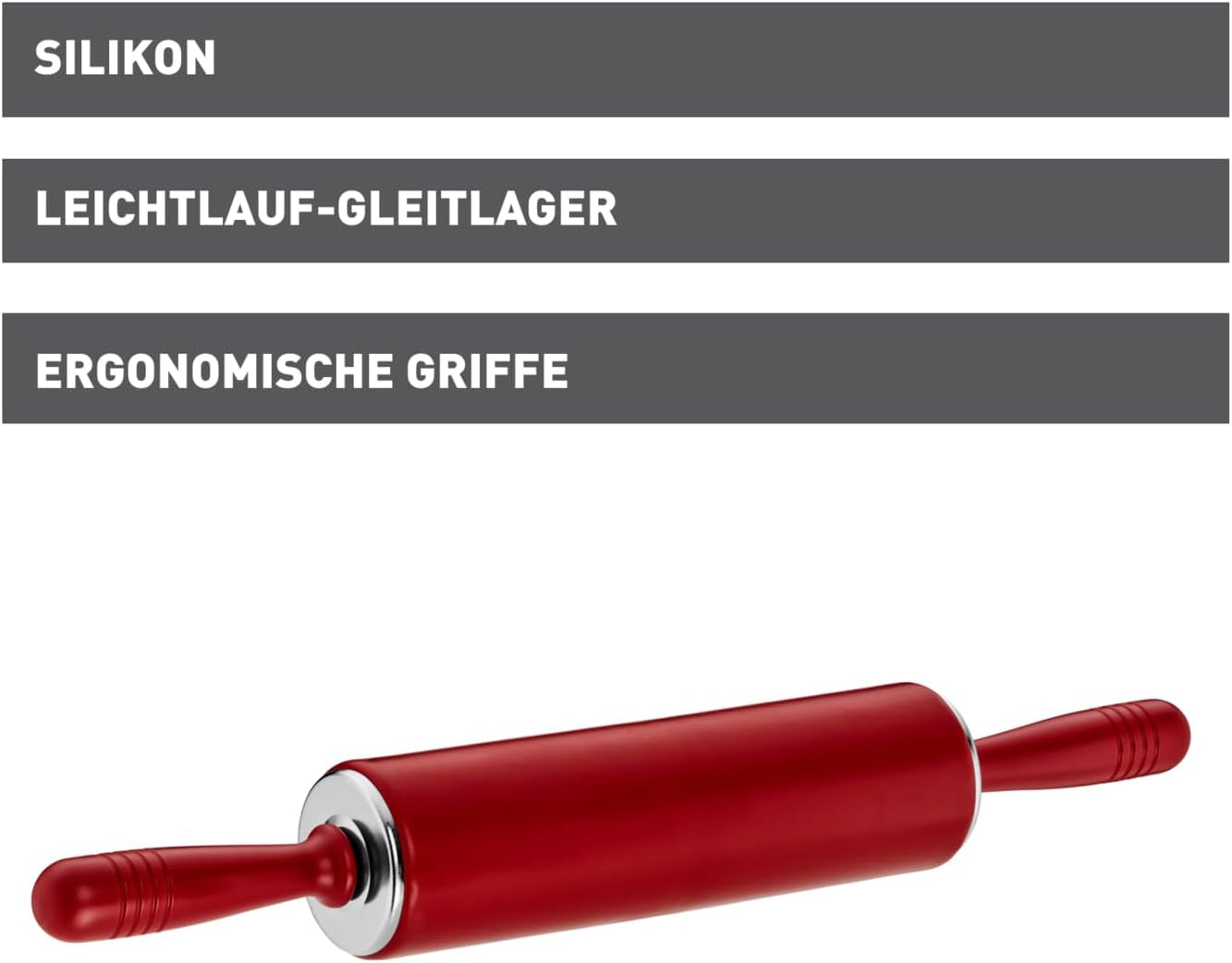 Original Kaiser Original Kaiserflex Red Teigroller Silikon 49 x 6,5 cm, Nudelholz Silikon mit Metallkern, ergonomische Griffe, hitzebeständig bis 200°C, rot