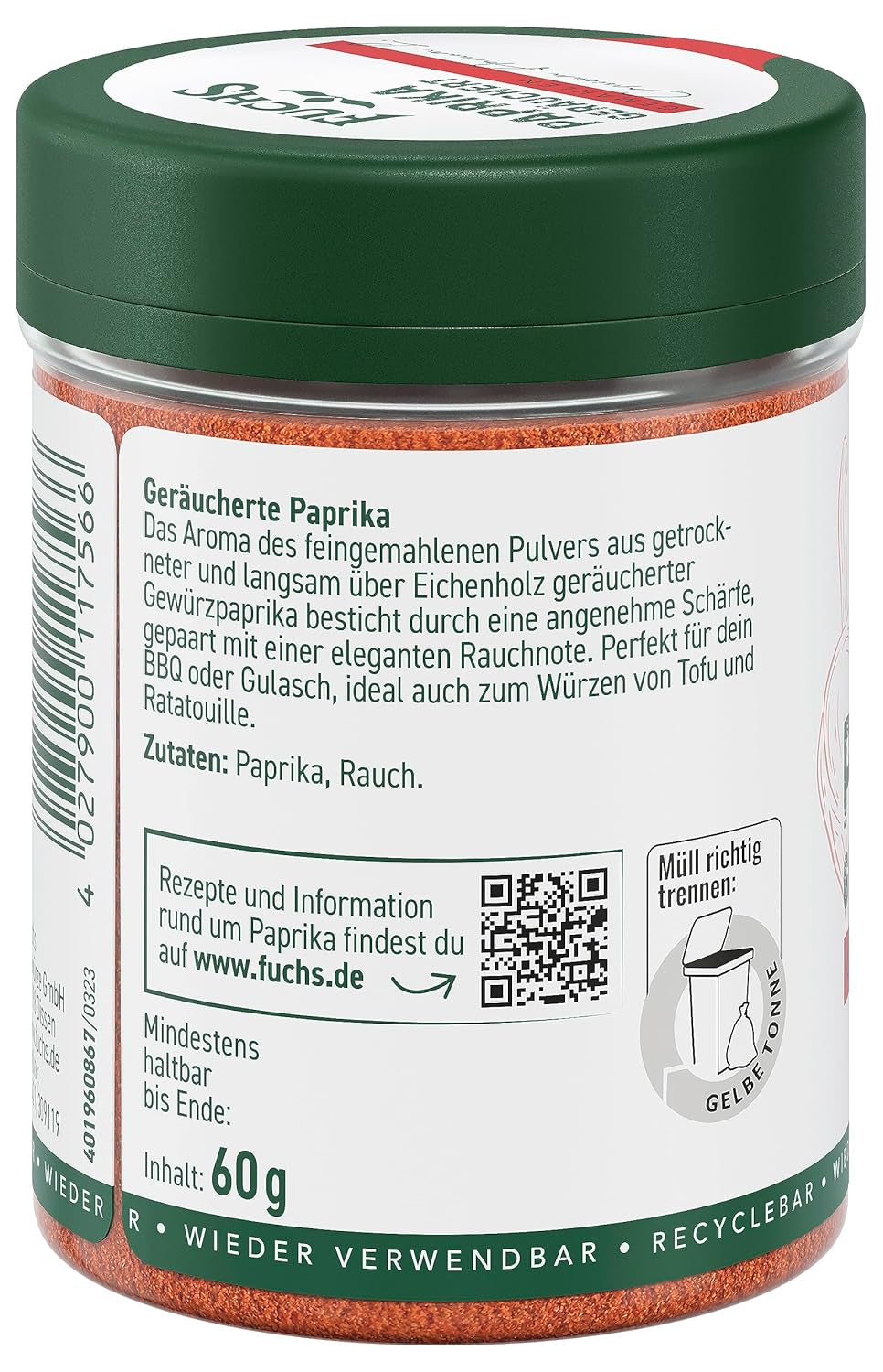 Fuchs Gewürze - Paprika geräuchert gemahlen - rauchiger Gesmack für BBQ, Gulasch oder Tofu - ingredientes naturales - 60 g en wiederverwendbarer, recyclebarer Dosis