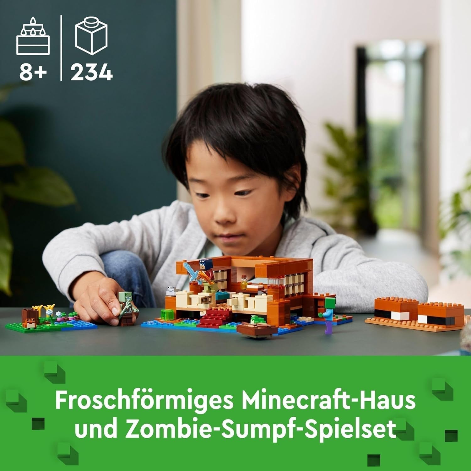 LEGO Minecraft La Casa de la Rana, casa de juguete con figuras que incluyen zombi, limo y hombre que se ahoga, además de accesorios como bote de juguete y banco de trabajo, regalo para niños y niñas a partir de 8 años 21256 Juegos de construcción Besuche den LEGO-Store